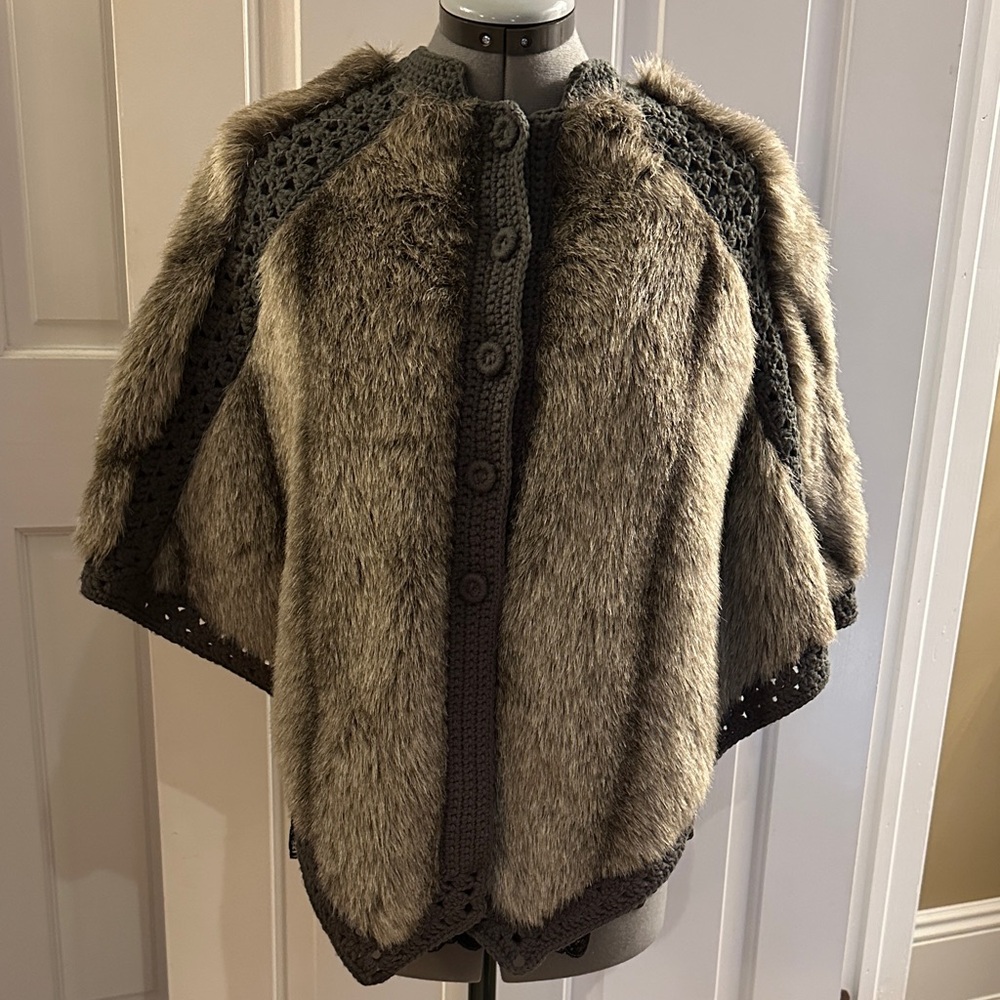 Faux Fur Cape with Crocheted Grey Trim Lined Handmade
